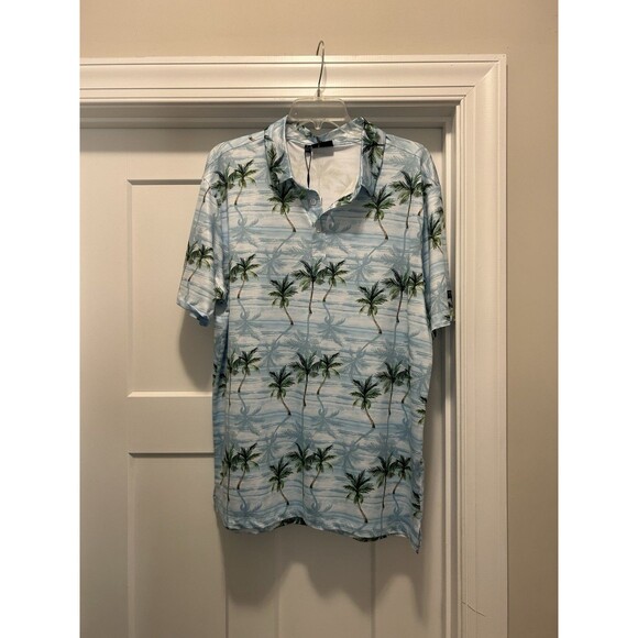 New YATTA Golf Shirt Polo Mens Large Tropical Palm Trees Blue Short Sleeve - Picture 1 of 3